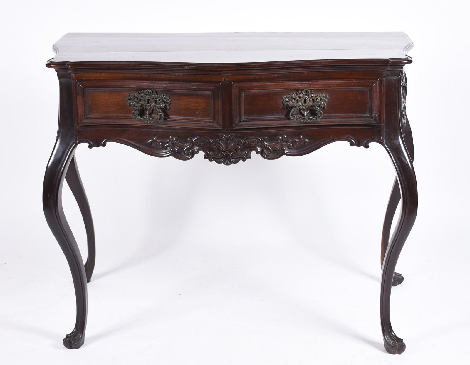 Mesa de encostar de madeira nobre com 2 gavetas emolduradas... - foto 2 de 6