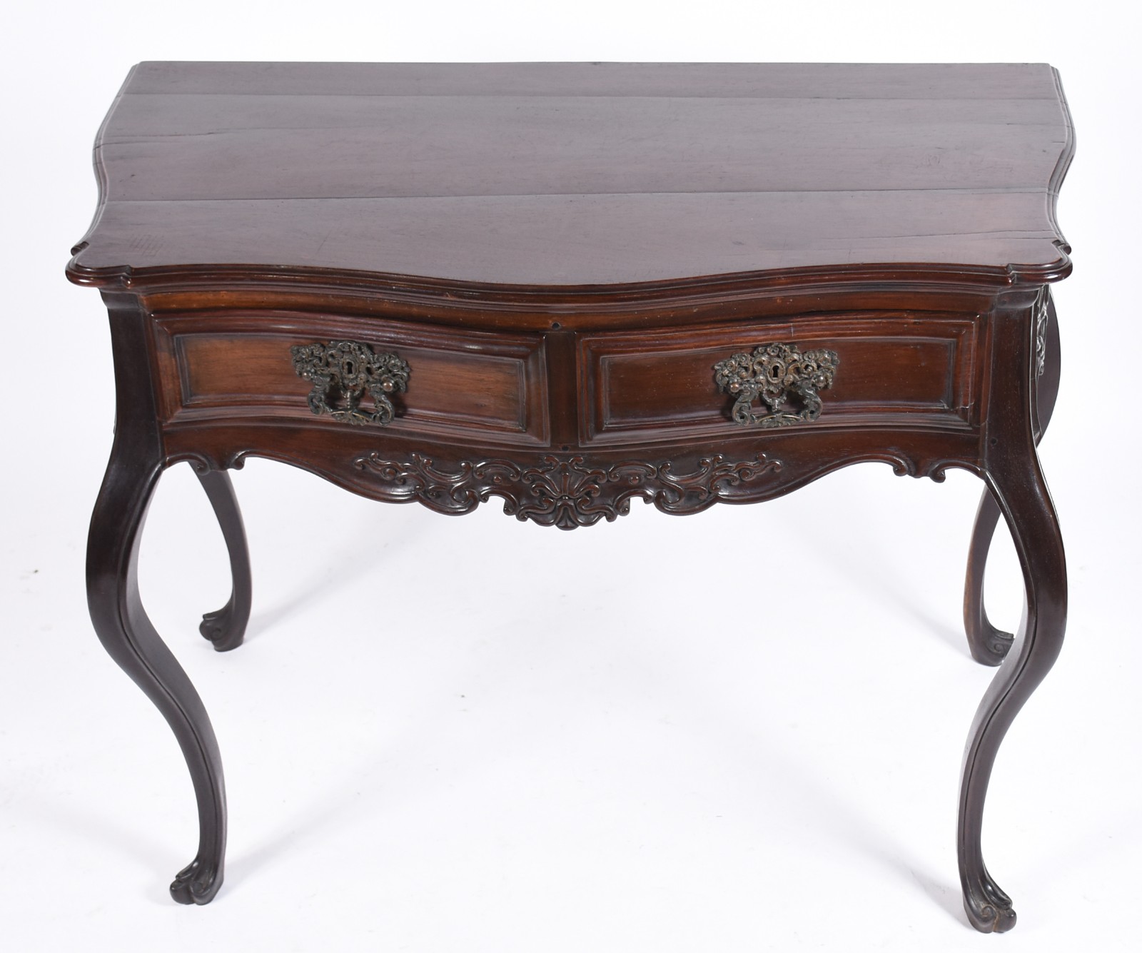 Mesa de encostar de madeira nobre com 2 gavetas emolduradas... - foto 3 de 6