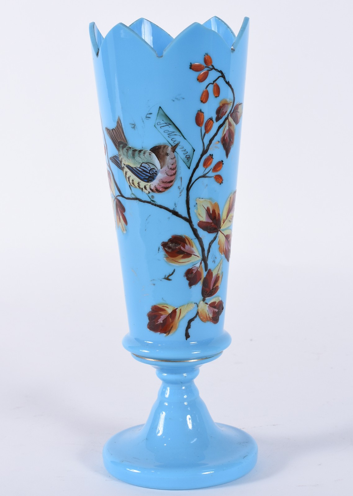 Vaso de opalina azul turquesa decorado com pássaro e flores em... - foto 1 de 4