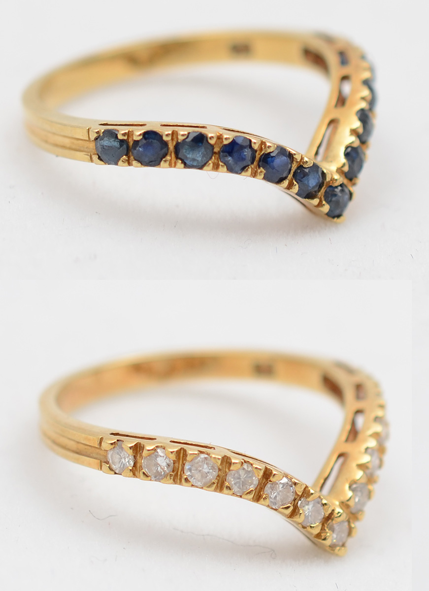 Dois anéis em forma de V, sendo em ouro amarelo 18 k, sendo um com 12... - foto 1 de 2