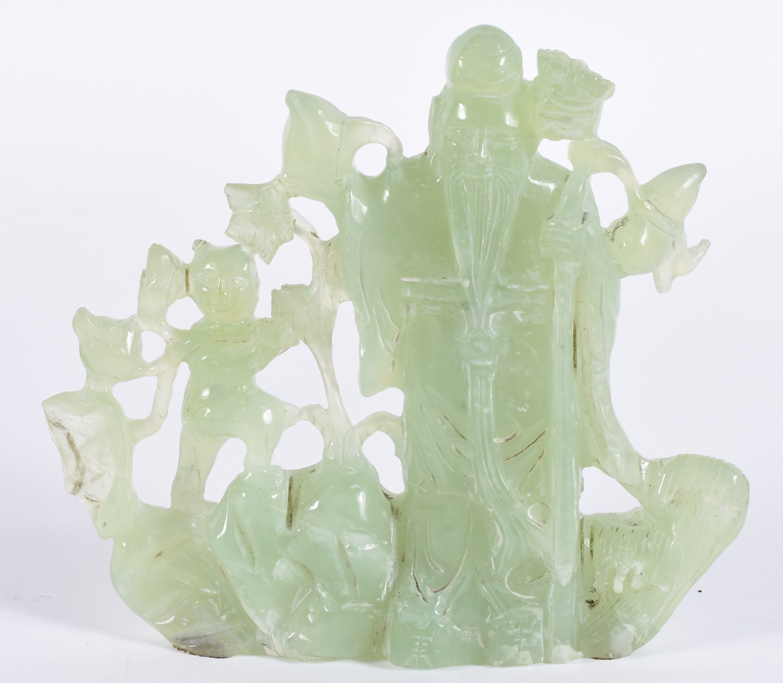 Escultura de jade representando sábio com criança, base de madeira. - foto 4 de 5