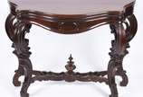 Console de madeira nobre estilo Beranger, Perna... - Console de madeira nobre estilo Beranger, Pernambuco, século XIX, tampo recortado e apoiado em quatro pernas recurvas unidas na parte inferior p...