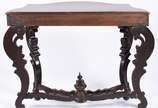Console de madeira nobre estilo Beranger, Perna... - Console de madeira nobre estilo Beranger, Pernambuco, século XIX, tampo recortado e apoiado em quatro pernas recurvas unidas na parte inferior p...