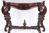 Console de madeira nobre estilo Beranger, Perna... - Console de madeira nobre estilo Beranger, Pernambuco, século XIX, tampo recortado e apoiado em quatro pernas recurvas unidas na parte inferior p...