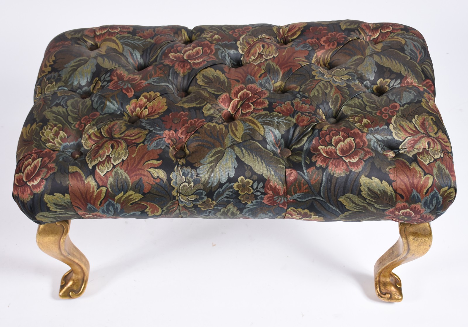 Banqueta com pés de madeira com folha de ouro e estofamento floral em... - foto 3 de 4