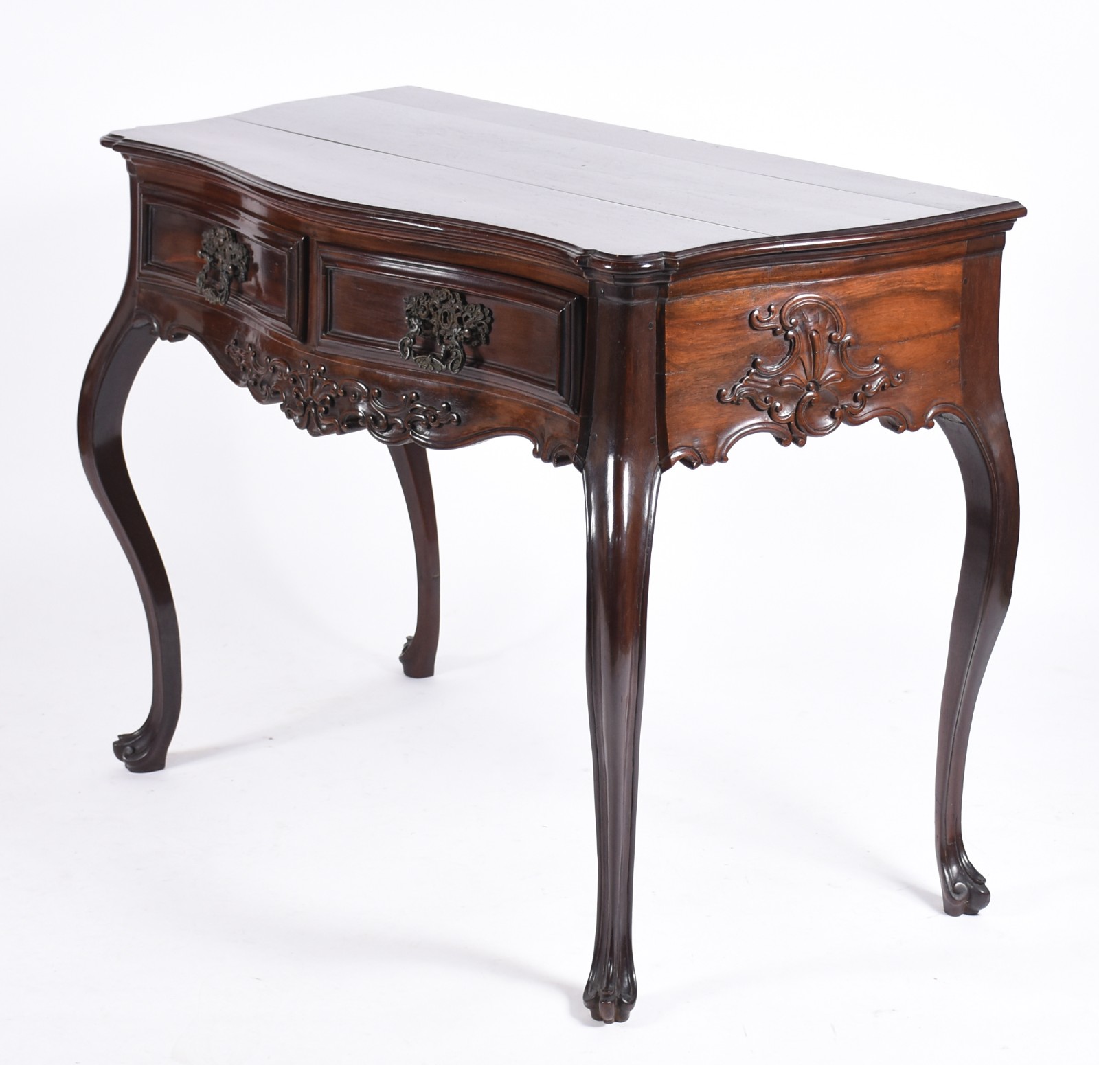 Mesa de encostar de madeira nobre com 2 gavetas emolduradas... - foto 1 de 6