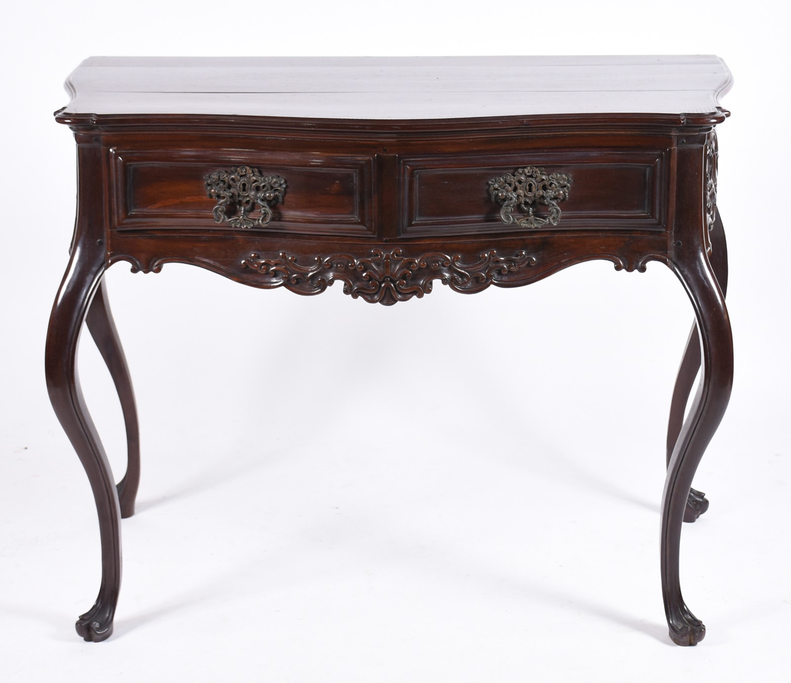 Mesa de encostar de madeira nobre com 2 gavetas emolduradas... - foto 2 de 6