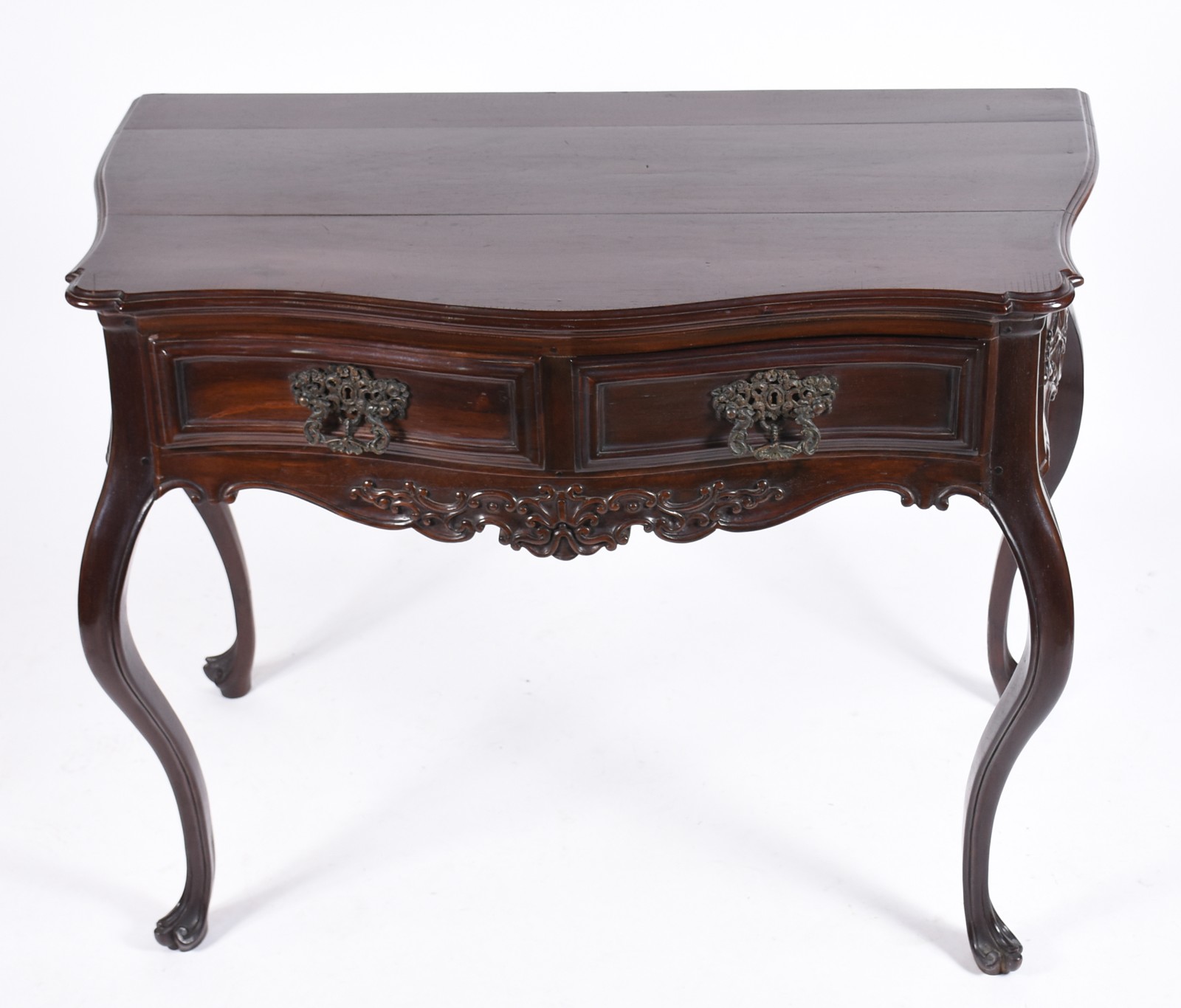 Mesa de encostar de madeira nobre com 2 gavetas emolduradas... - foto 3 de 6