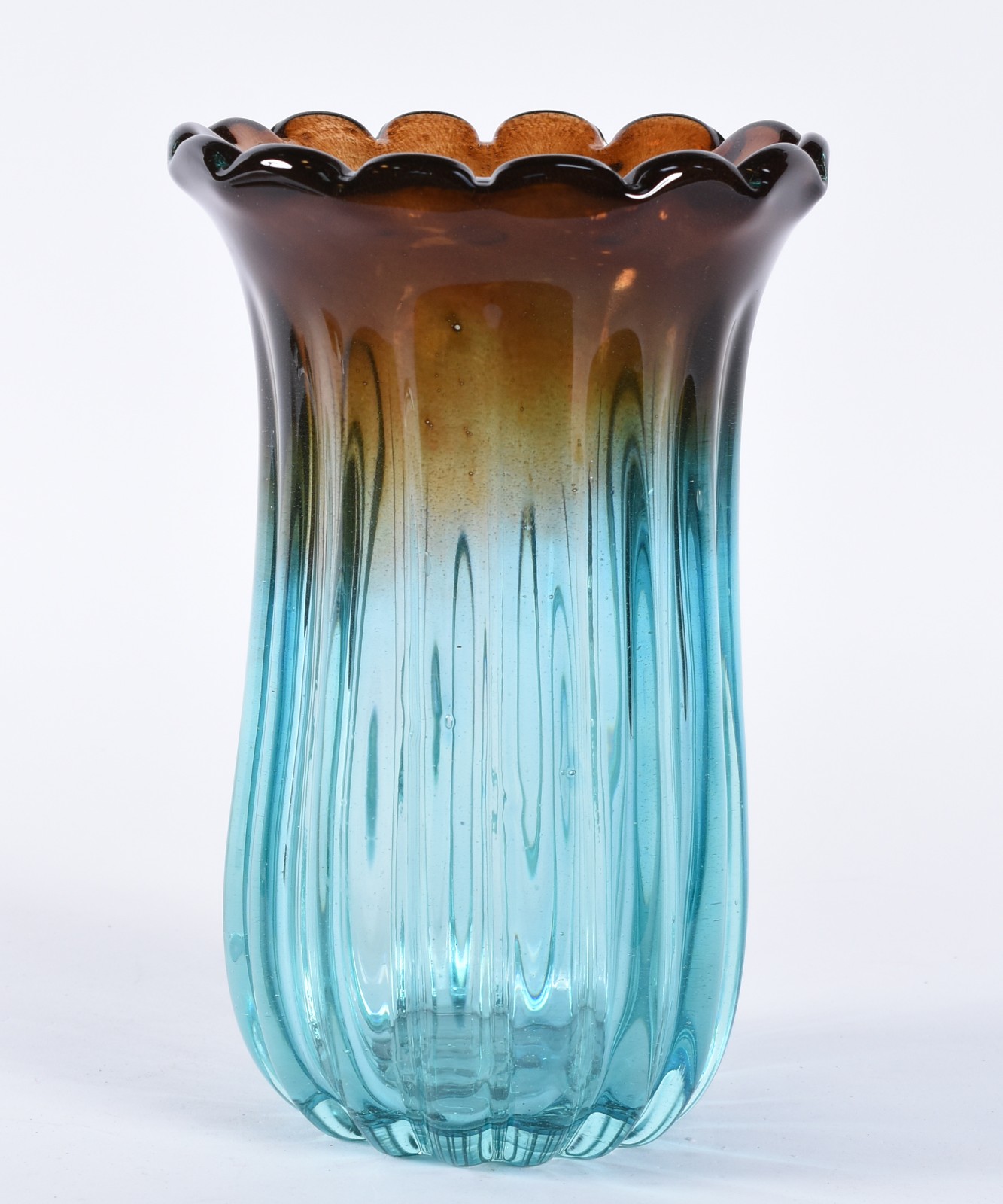 Vaso de vidro decorativo na cor azul e âmbar. - foto 1 de 3