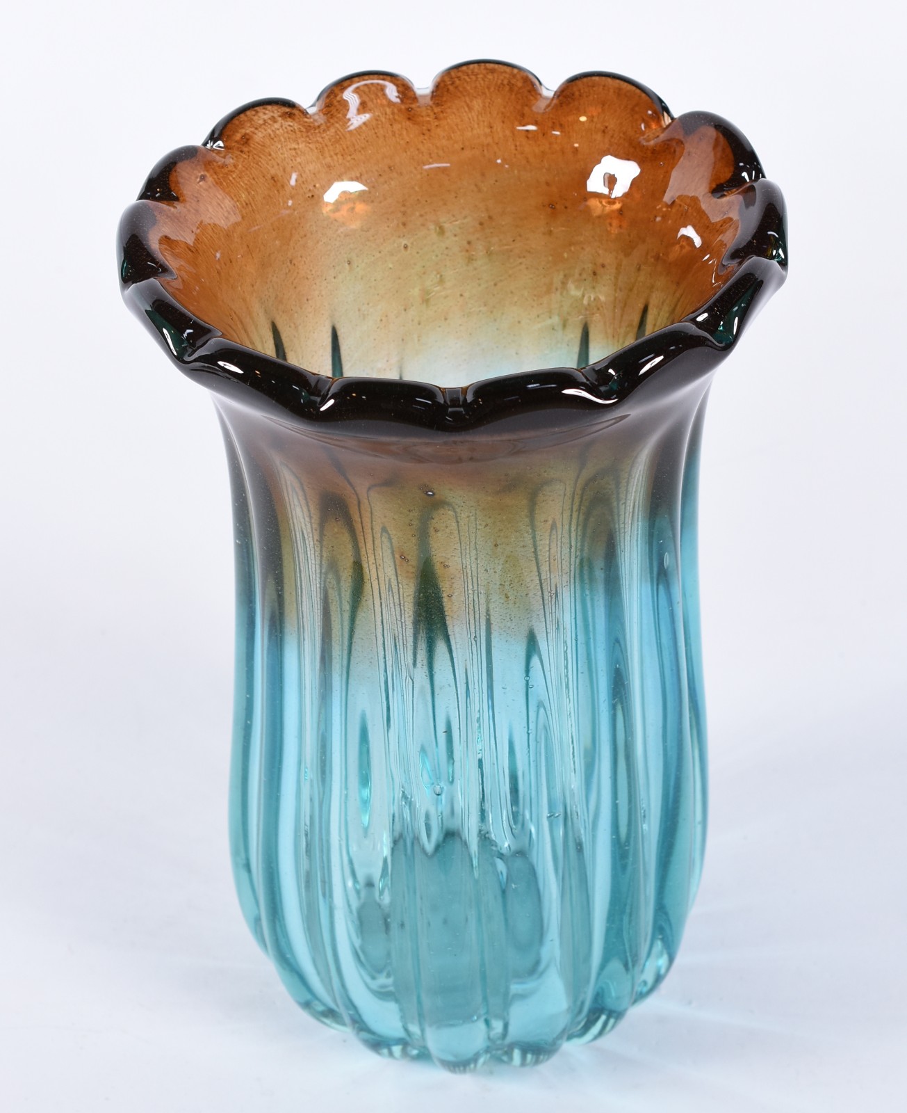 Vaso de vidro decorativo na cor azul e âmbar. - foto 2 de 3