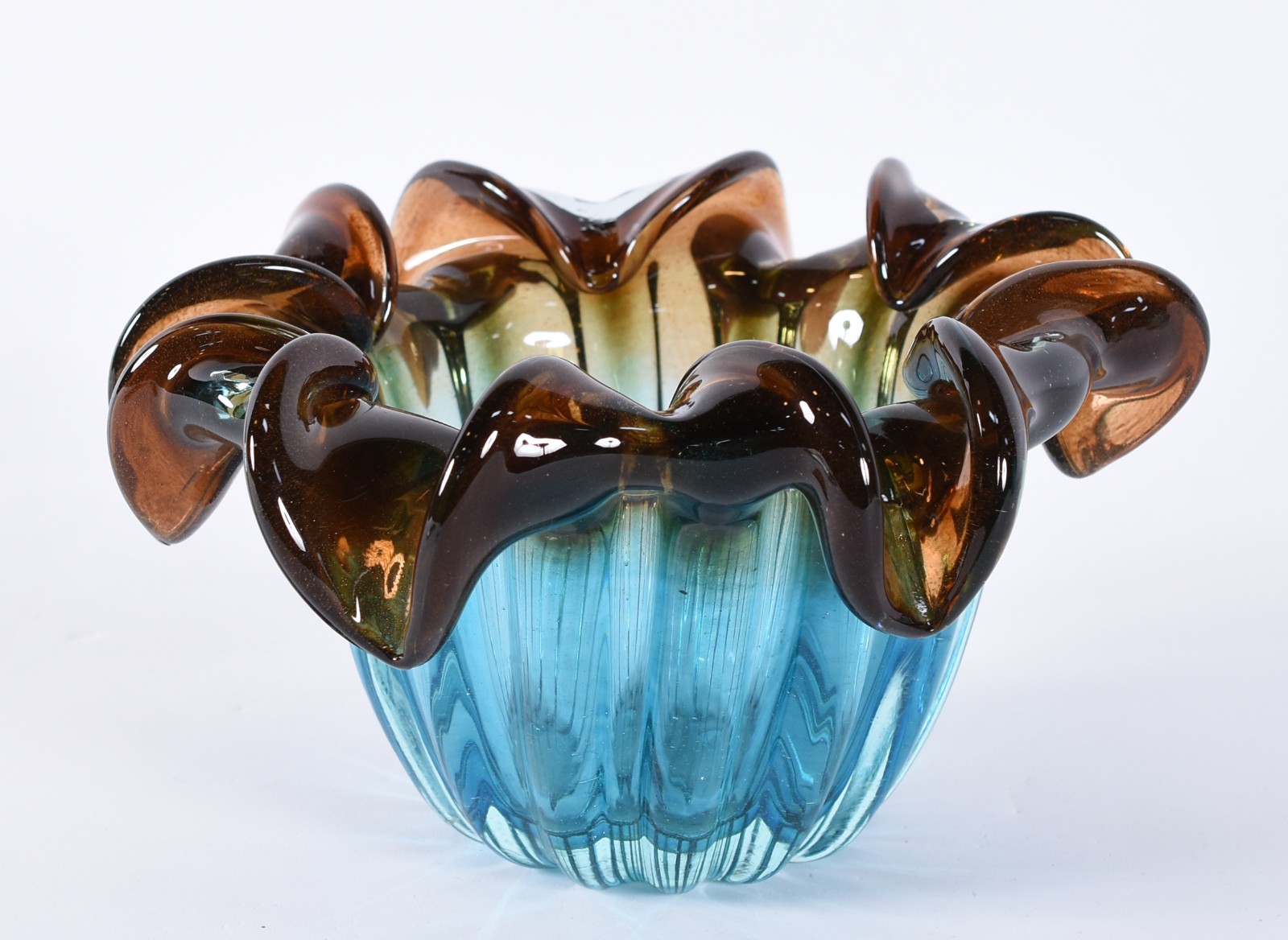Bowl de vidro decorativo na cor azul e âmbar. - foto 1 de 3