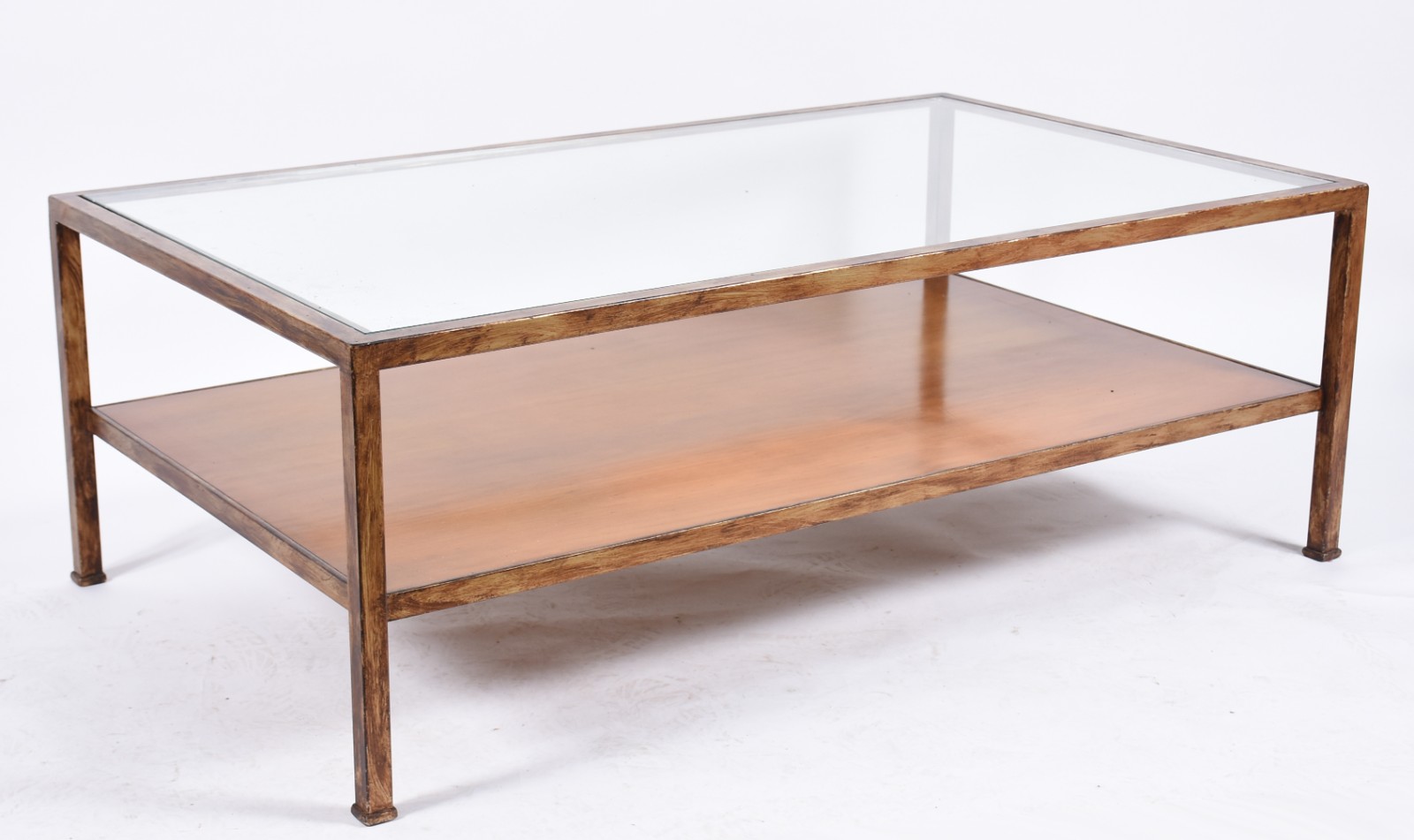 Mesa de centro moderna de metal patinado, tampo de vidro e platô... - foto 1 de 4