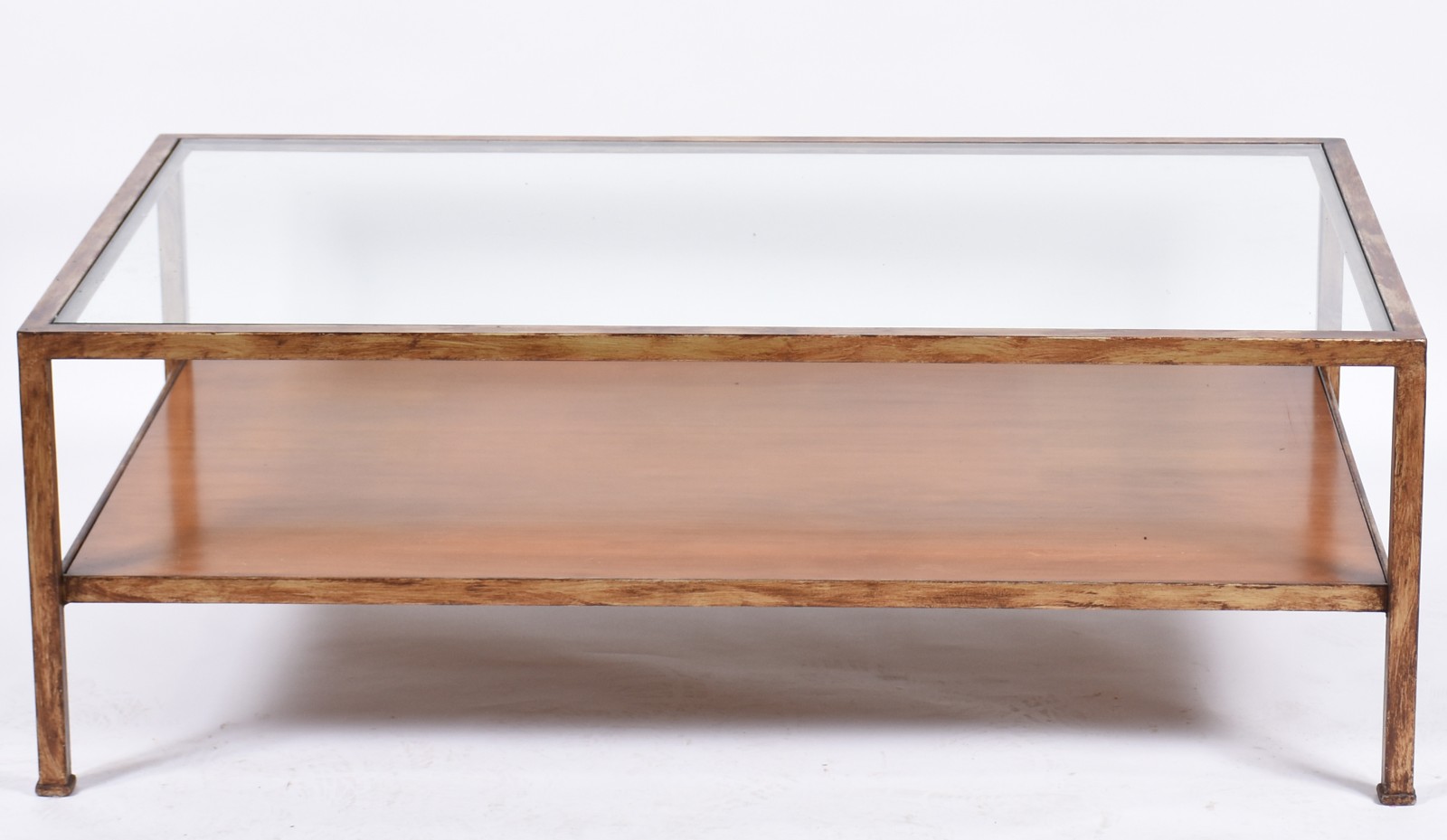 Mesa de centro moderna de metal patinado, tampo de vidro e platô... - foto 2 de 4