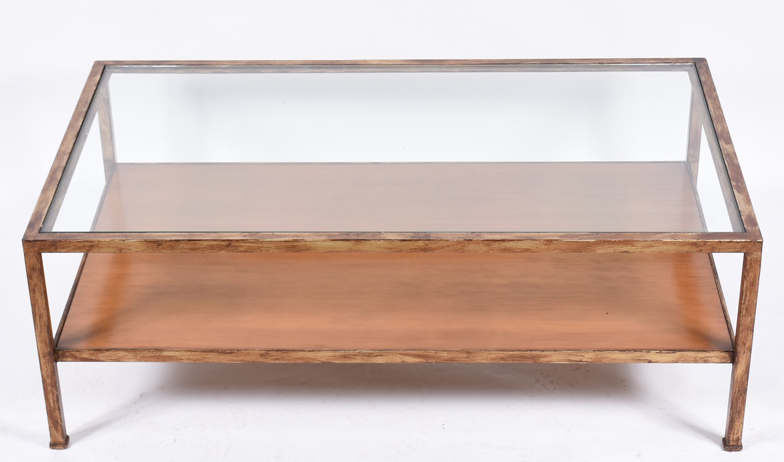 Mesa de centro moderna de metal patinado, tampo de vidro e platô... - foto 3 de 4
