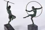 BRIAND / FAYRAL,  - Duas esculturas ART DECO de bronze patinado de verde, sendo uma mulher com arco assinada Briand, e uma com lança, assinada Fayral.