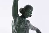BRIAND / FAYRAL,  - Duas esculturas ART DECO de bronze patinado de verde, sendo uma mulher com arco assinada Briand, e uma com lança, assinada Fayral.