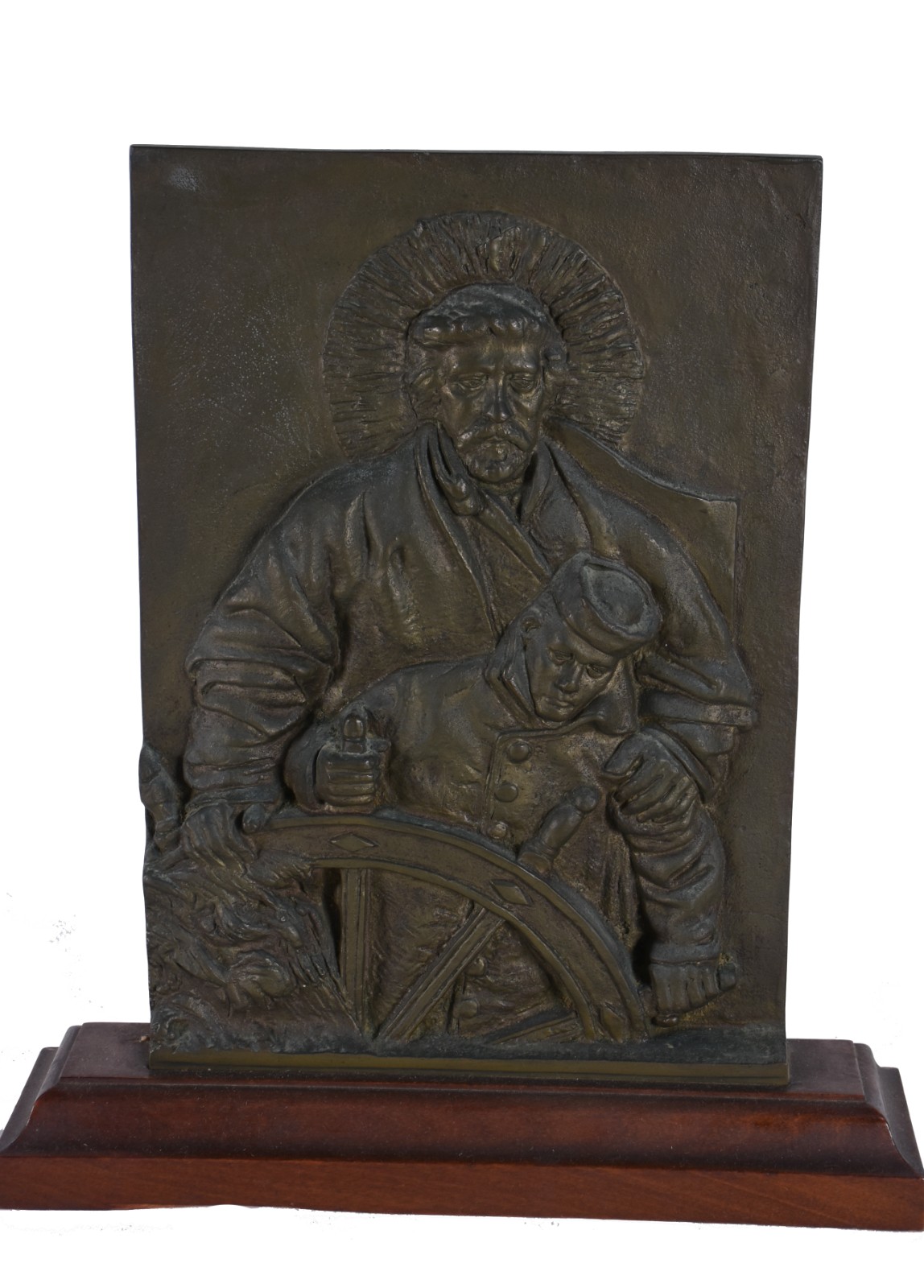 Três peças, sendo placa de bronze com figura do protetor dos... - foto 3 de 7
