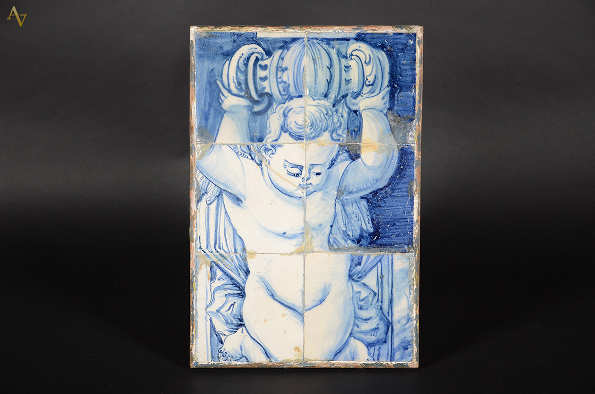 Antiga placa com azulejos portugueses em azul e branco repres...