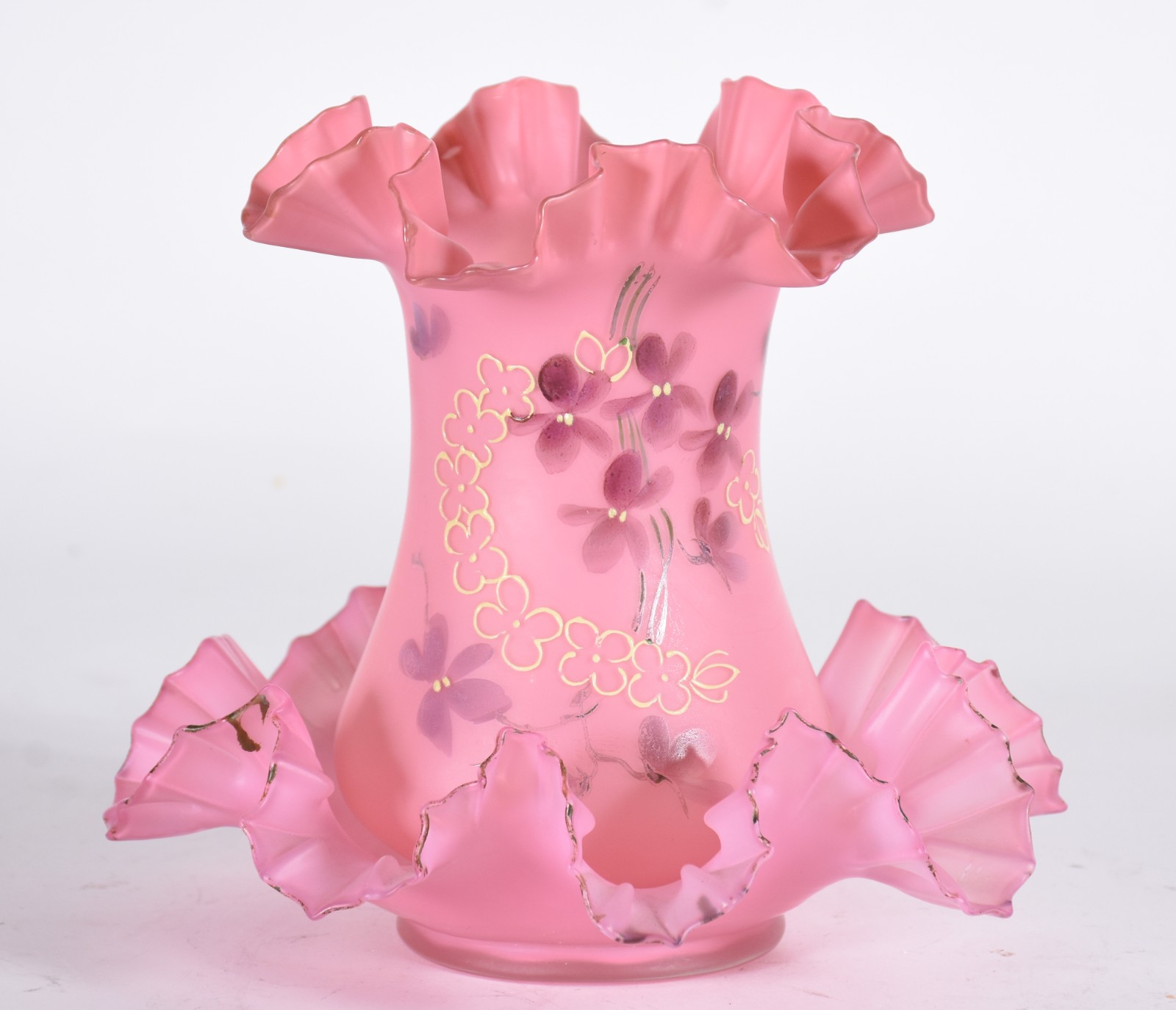Enfeite de vidro rosa com flores, borda em "babados", bases com... - foto 1 de 8