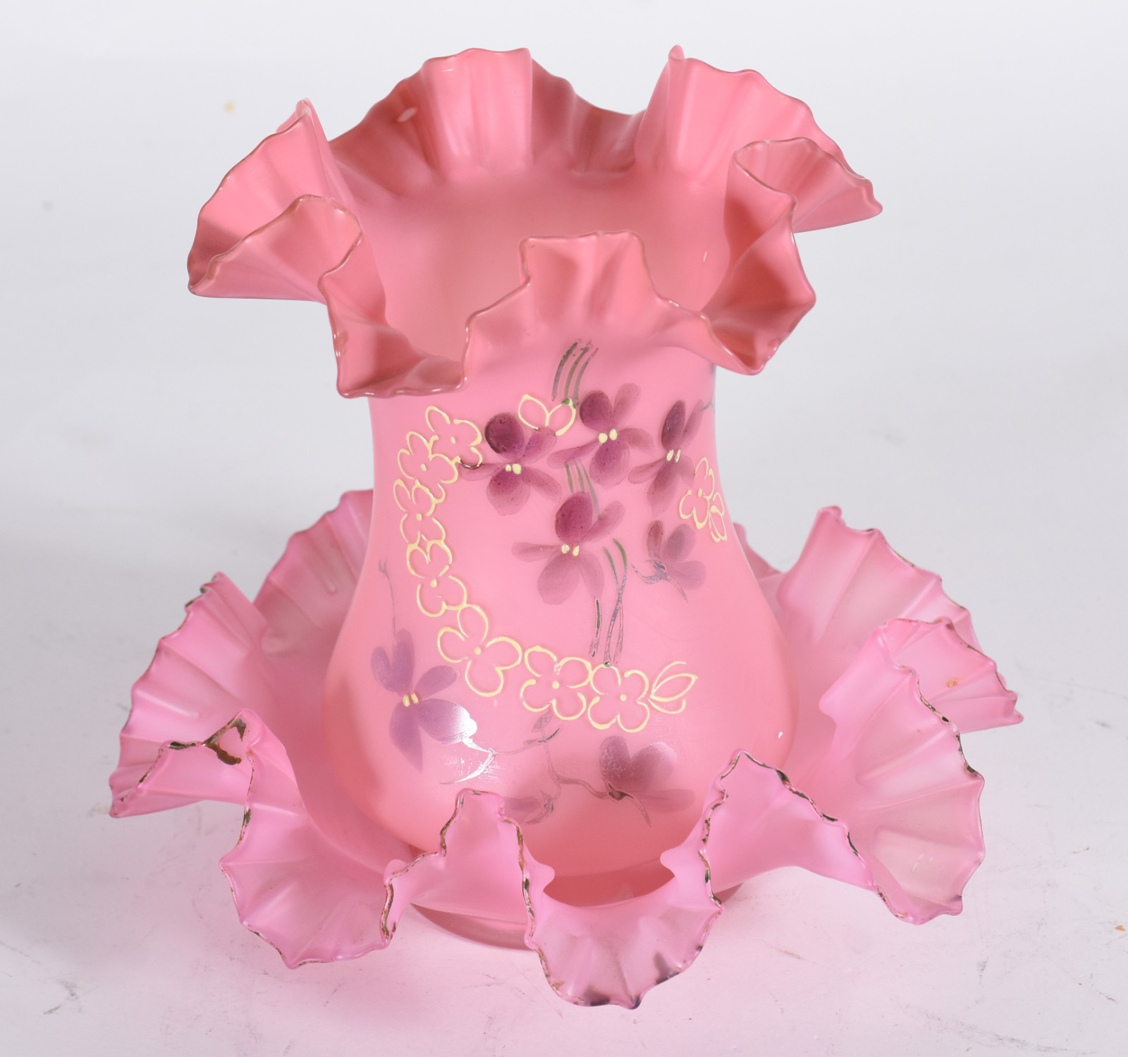 Enfeite de vidro rosa com flores, borda em "babados", bases com... - foto 2 de 8