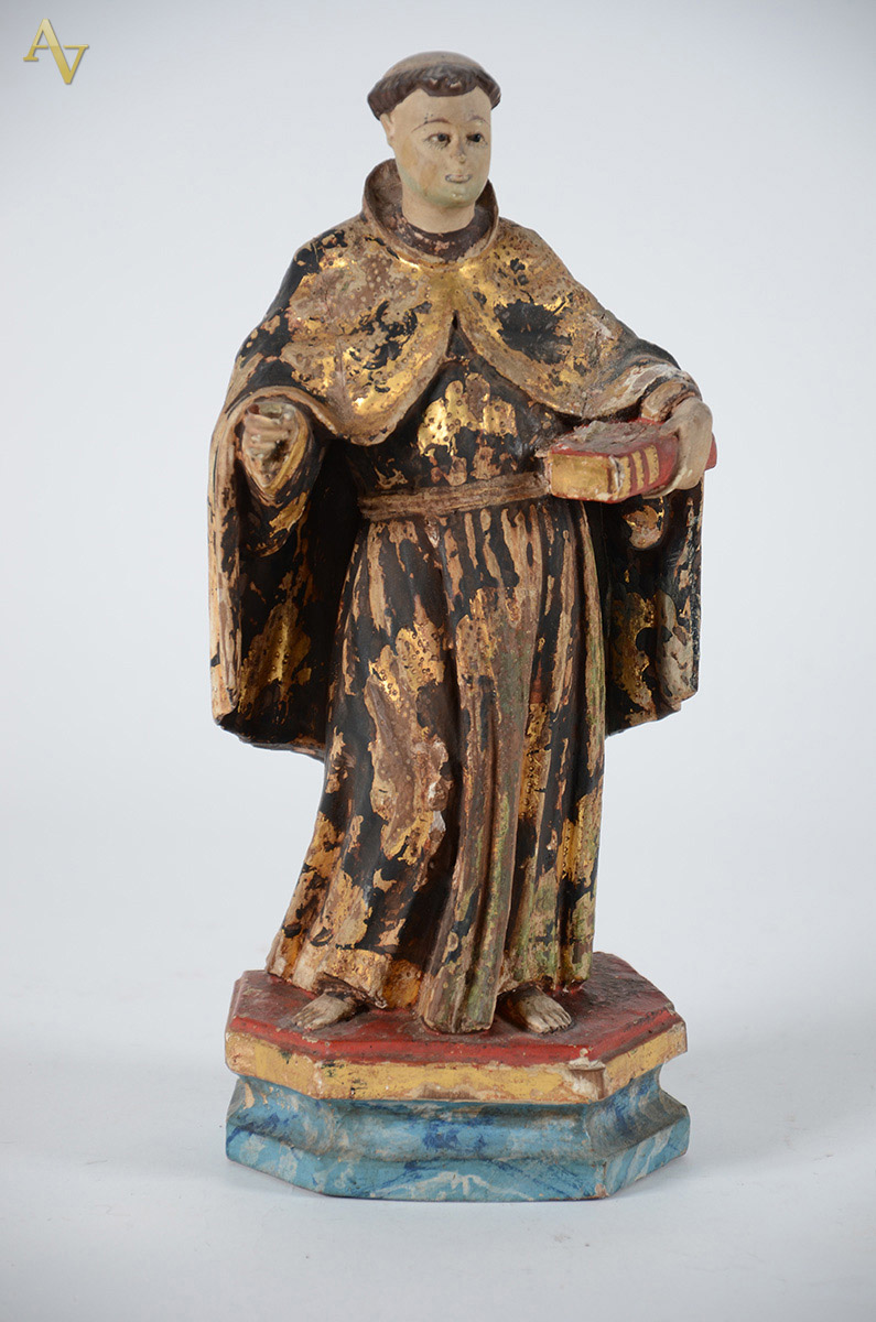 SANTO ANTONIO - Imagem de madeira policromada e dourada. Alt. 27 cm.