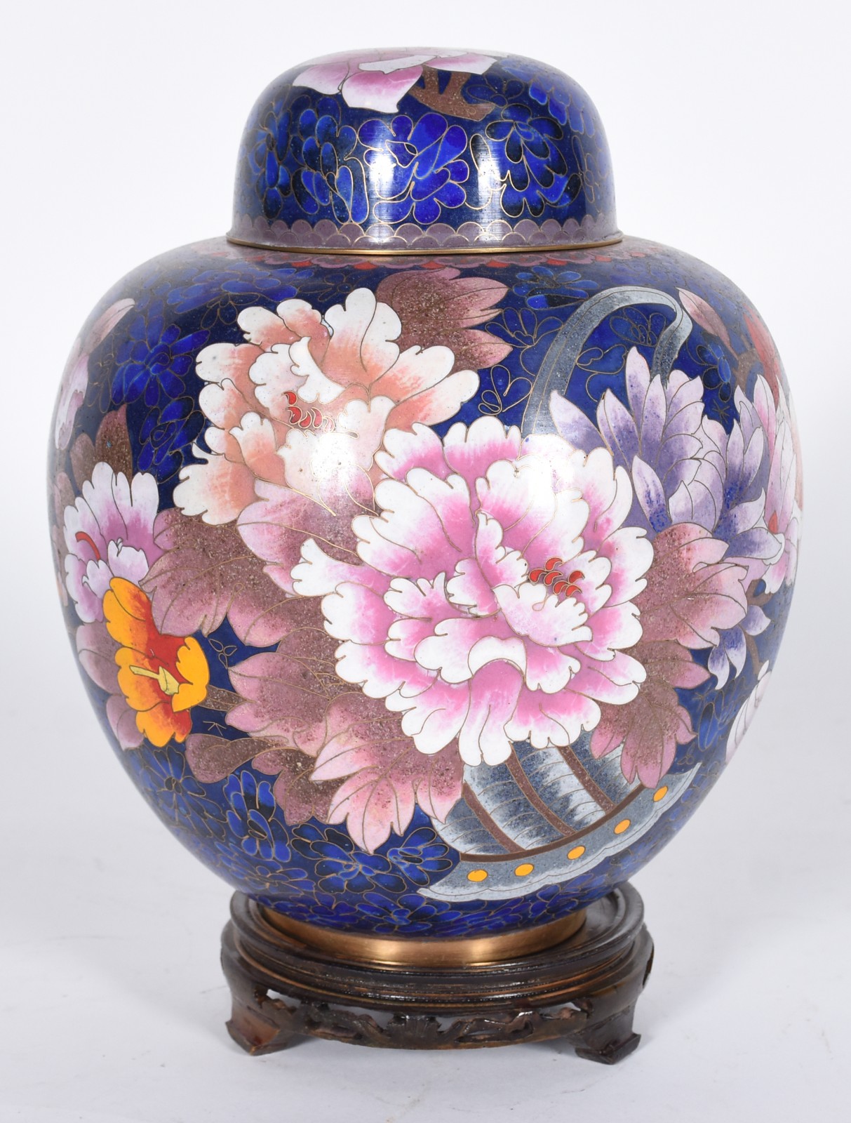 Potiche de cloisonné com flores em policromia sobre fundo azul, base... - foto 1 de 5