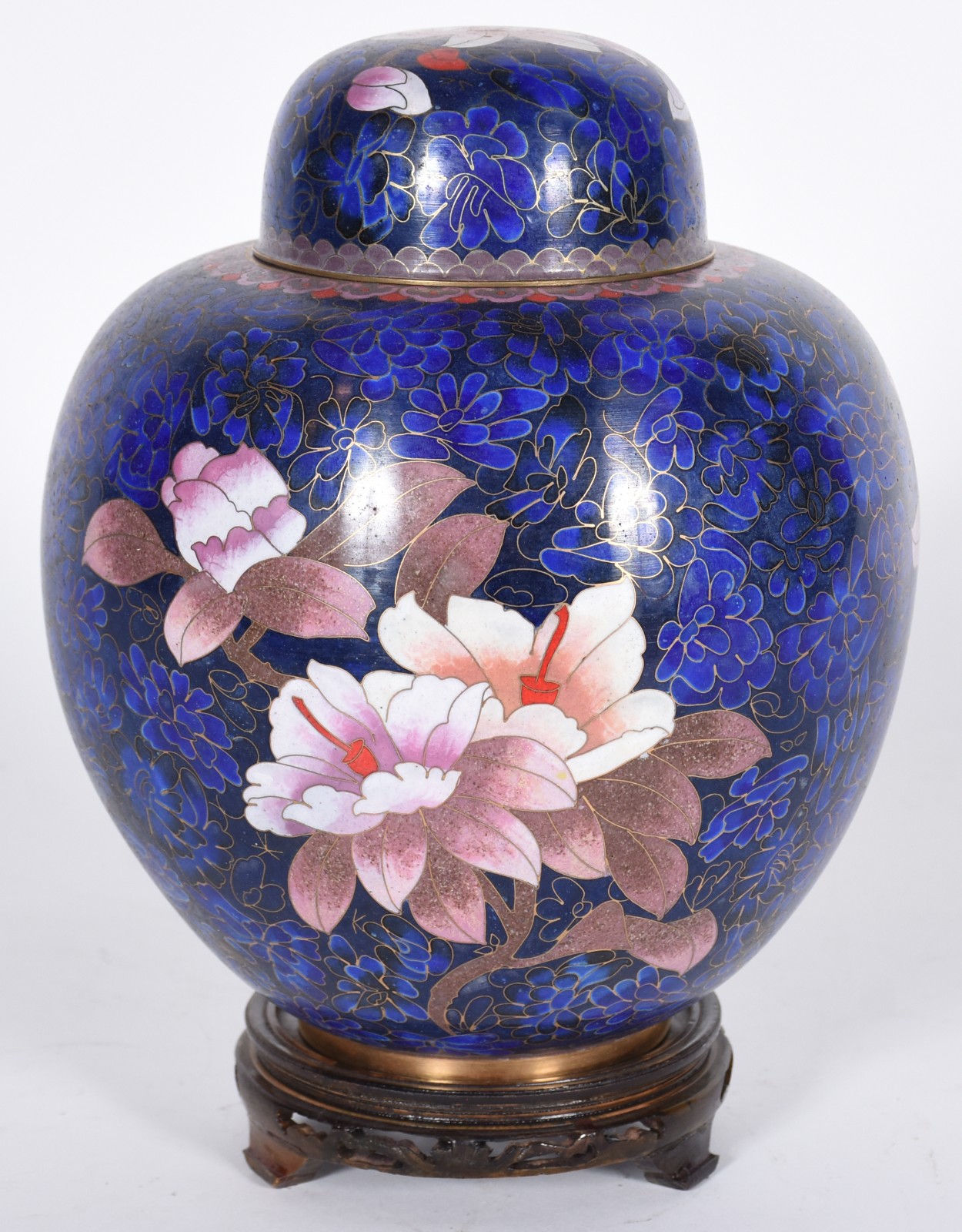 Potiche de cloisonné com flores em policromia sobre fundo azul, base... - foto 3 de 5