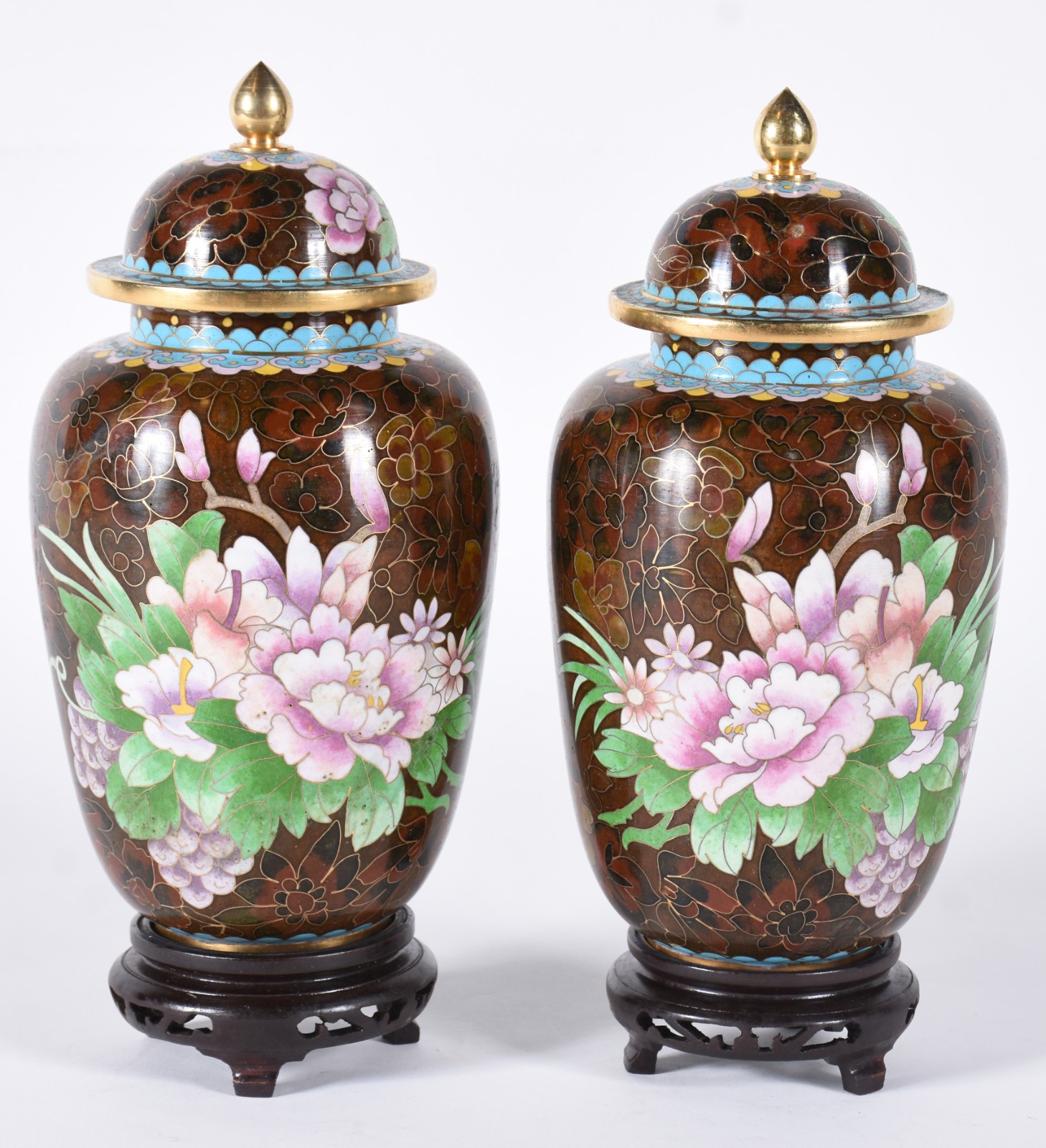 Par de potiches de cloisonné com flores em policromia sobre fundo... - foto 1 de 5