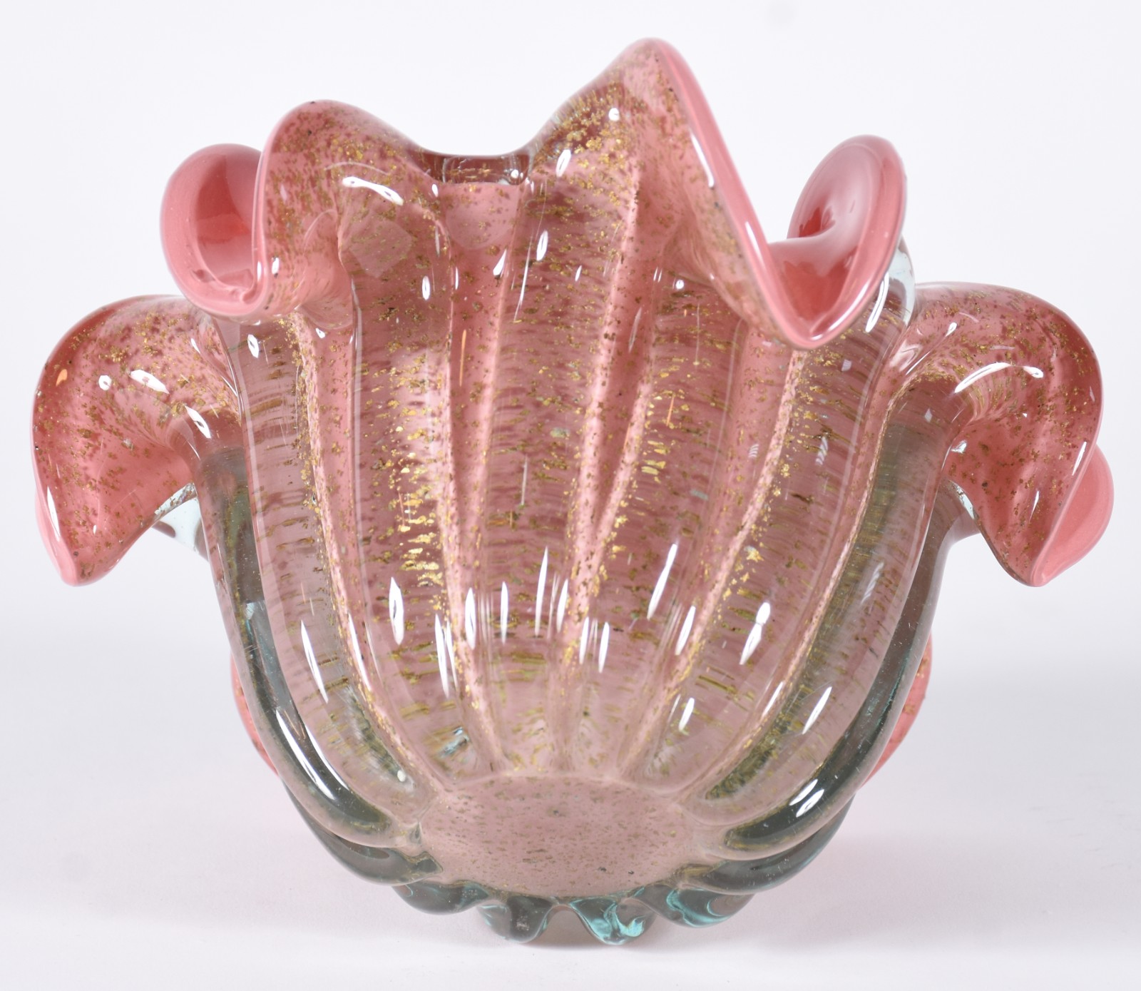 Bowl de vidro decorativo rosa em gomos, borda em "babados" - foto 4 de 4