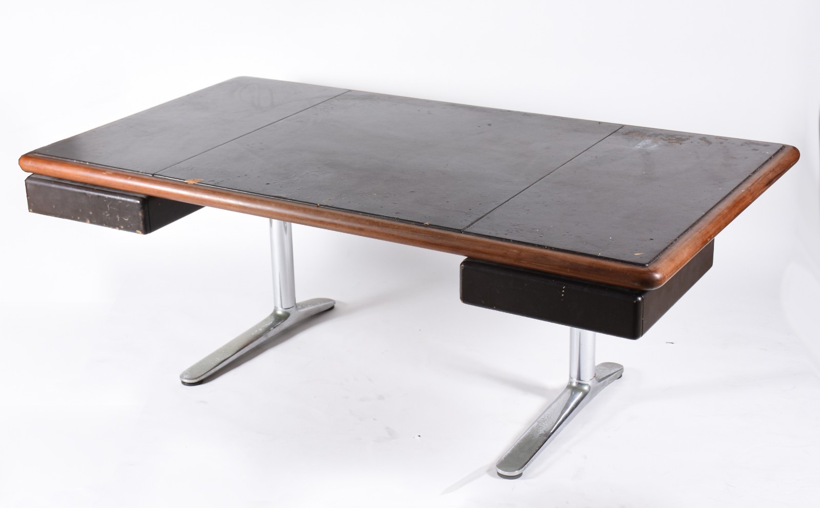 Mesa de escritório de madeira nobre, tampo retangular com duas... - foto 1 de 10