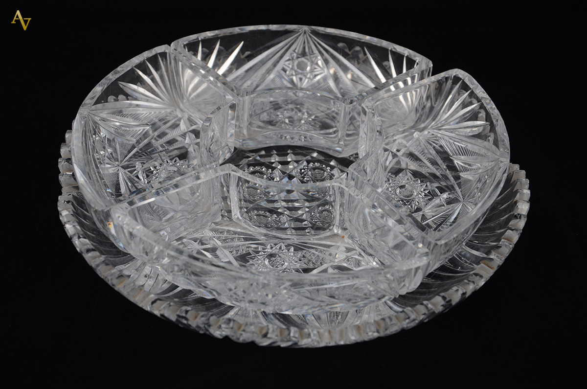 Porta petiscos de cristal tcheco lapidado com bandeja e 4 bowls...