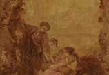 "MANUFACTURE DES GOBELINS",  - Tapeçaria francesa das "MANUFACTURE DES GOBELINS" em lã, com cena bucólica na qual um jovem camponês apresenta um ninho de passarinho às duas moças da