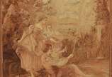 "MANUFACTURE DES GOBELINS",  - Tapeçaria francesa das "MANUFACTURE DES GOBELINS" em lã, com cenário campestre no qual um menino exibe a sua habilidade de pescador para as duas joven
