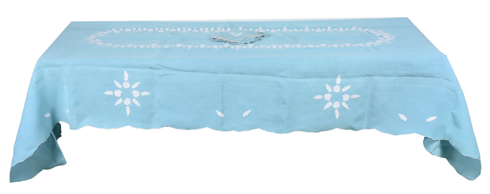 Toalha de mesa de linho azul com bordados, acompanham 12 guardanapos... - foto 1 de 5