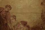 "MANUFACTURE DES GOBELINS",  - Tapeçaria francesa das "MANUFACTURE DES GOBELINS" em lã, com cena bucólica na qual um jovem camponês apresenta um ninho de passarinho às duas moças da