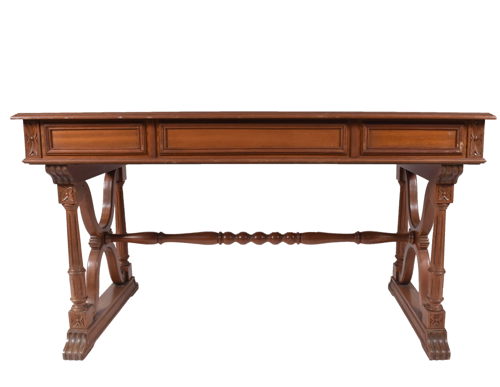 Mesa de escritório de madeira nobre com 3 gavetas, puxadores de... - foto 4 de 11