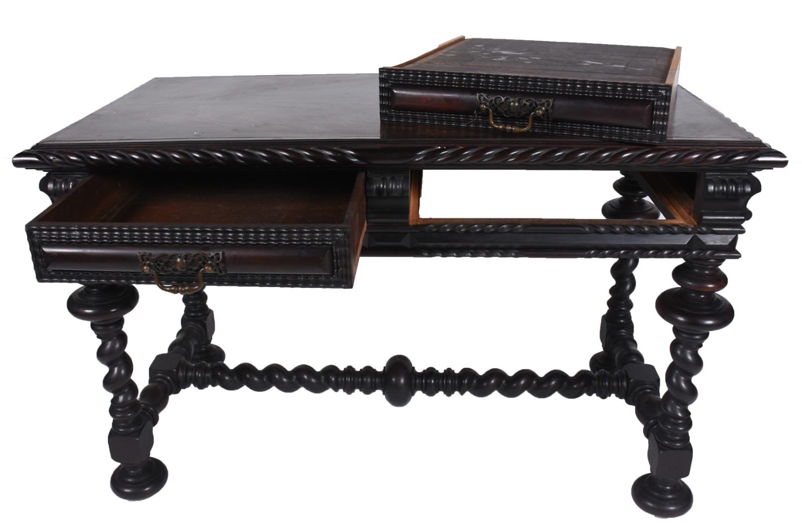 Mesa para escritório de madeira nobre, duas gavetas, pernas torneadas... - foto 4 de 10