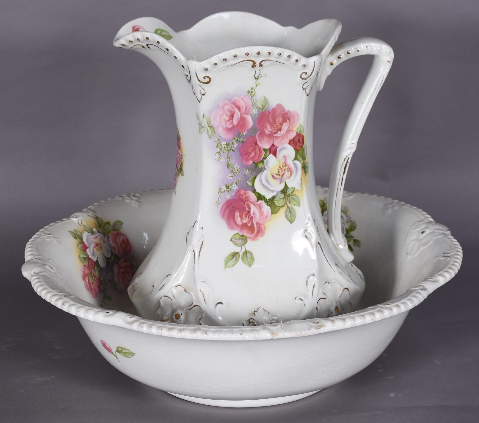 Gomil com bacia de faiança ingles J & G Meakin, decoração floral em... - foto 1 de 9