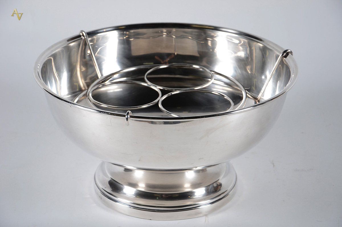 Champanheira de metal prateado Sheffield Plate p/ 3 garrafas, diam.41...