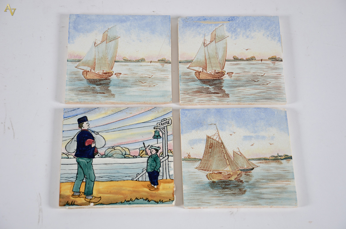 Quatro azulejos com figuras ( 1 com peq. bicado). Med. 15 x 15 cada...
