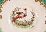 Onze taças para consomé com pires de faiança in... - Onze taças para consomé com pires de faiança inglesa "Staffordshire - Royal Myotts Crown", decorados com aves em policromia, borda verde com gui...