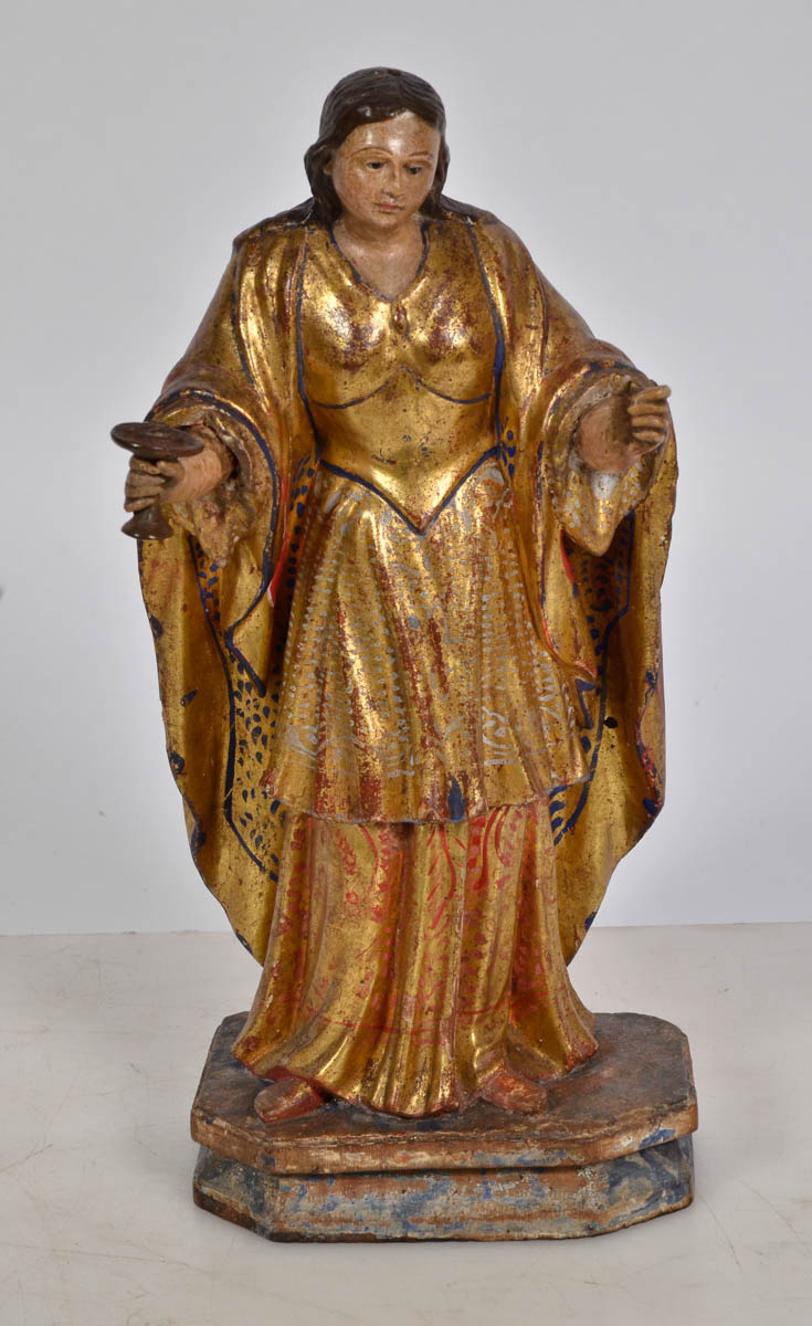 SANTA LUZIA - Antiga imagem de madeira policromada e dourada. Alt. 31...