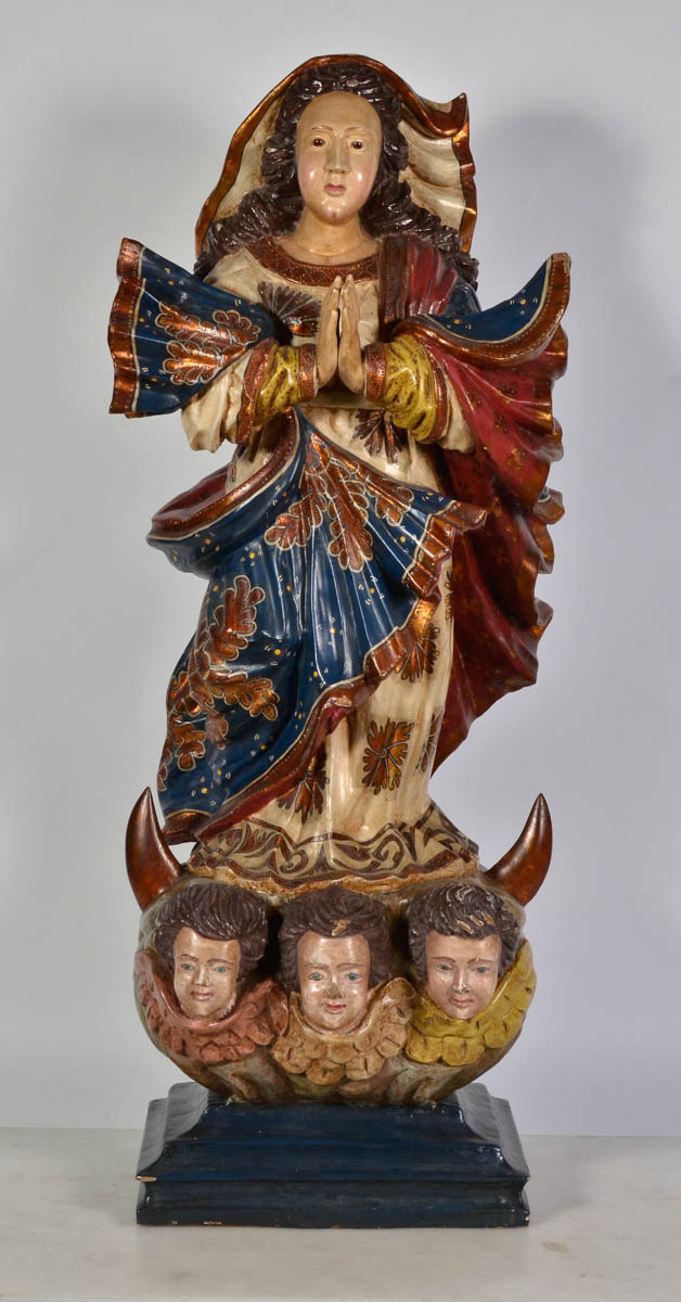 NOSSA SENHORA - Imagem de madeira policromada e dourada, olhos de...