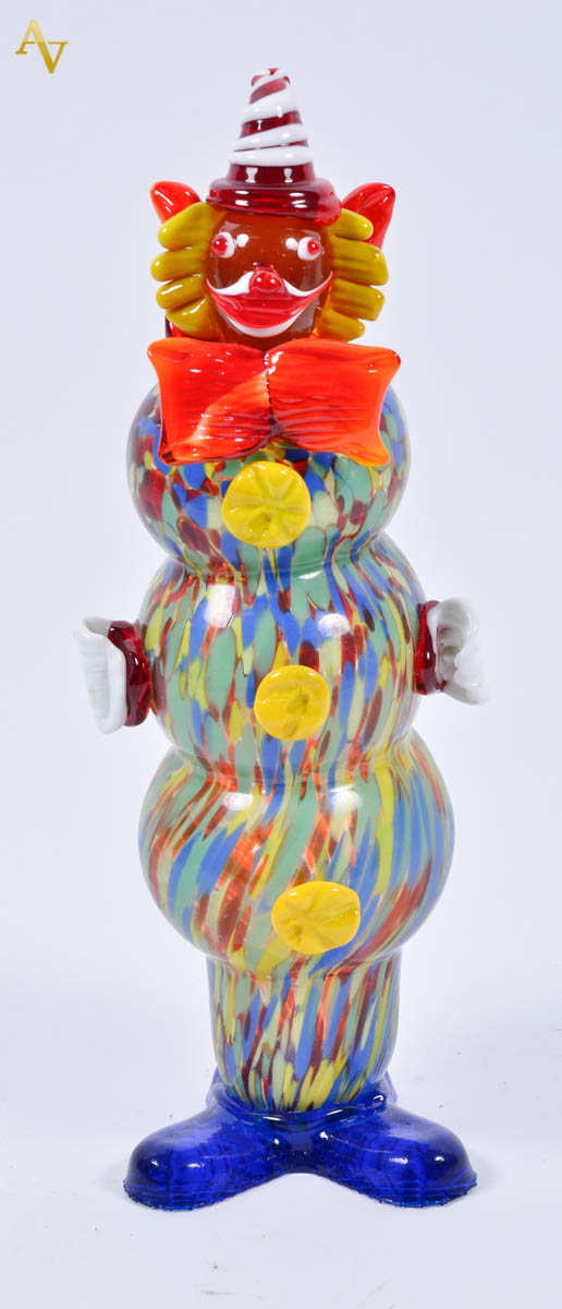 Estatueta de murano policromado repres.palhaço, alt. 33 cm.