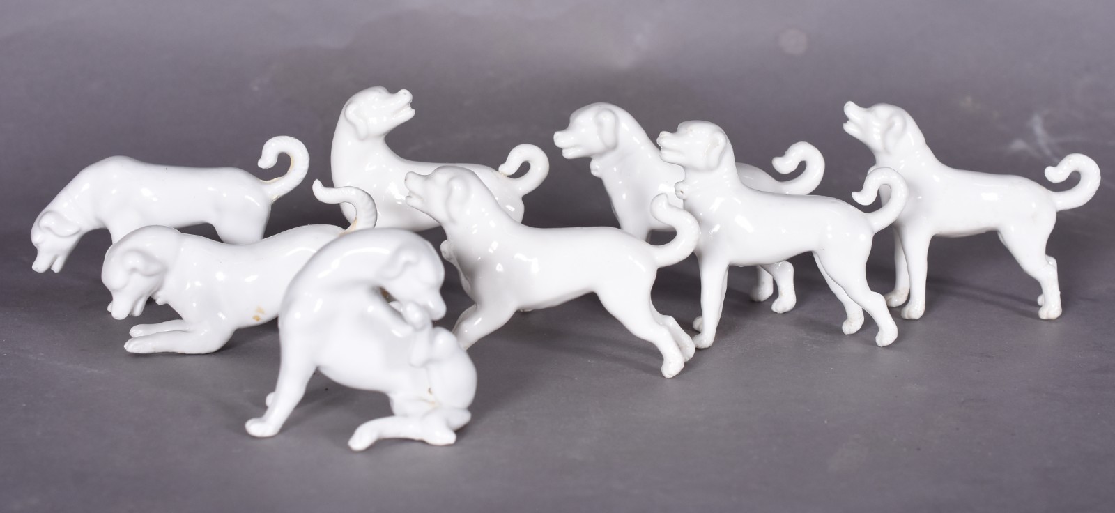 Oito miniaturas de cães de porcelana (1 com perna colada). - foto 1 de 6