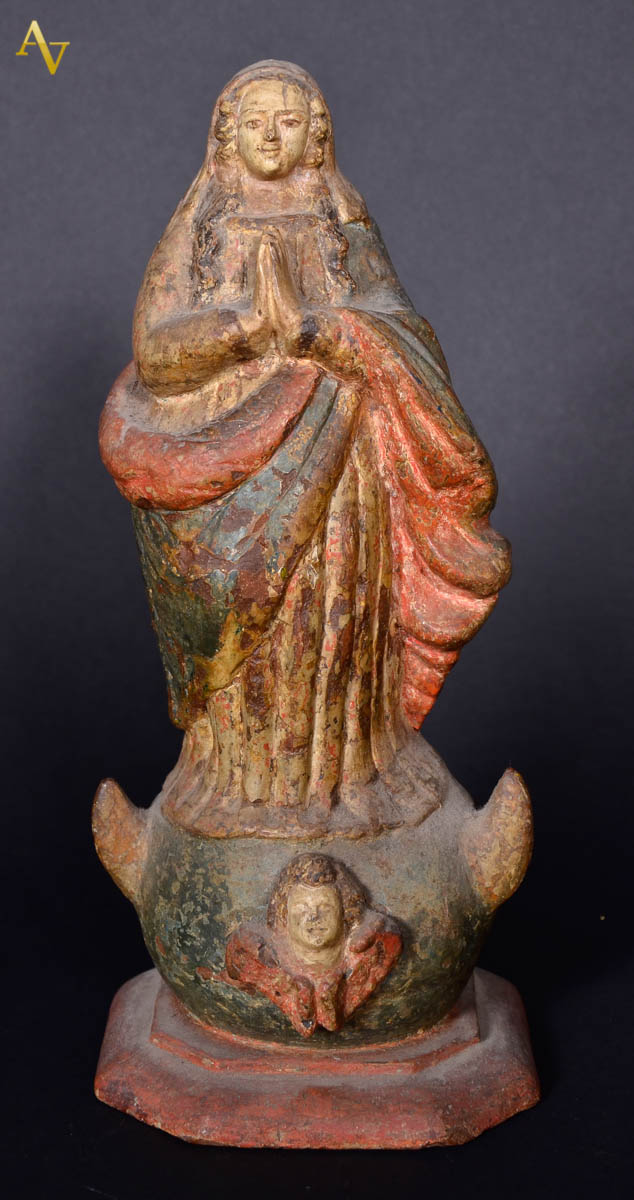 NOSSA SENHORA DO Ó - Antiga imagem de terracota policromada, alt. 29...