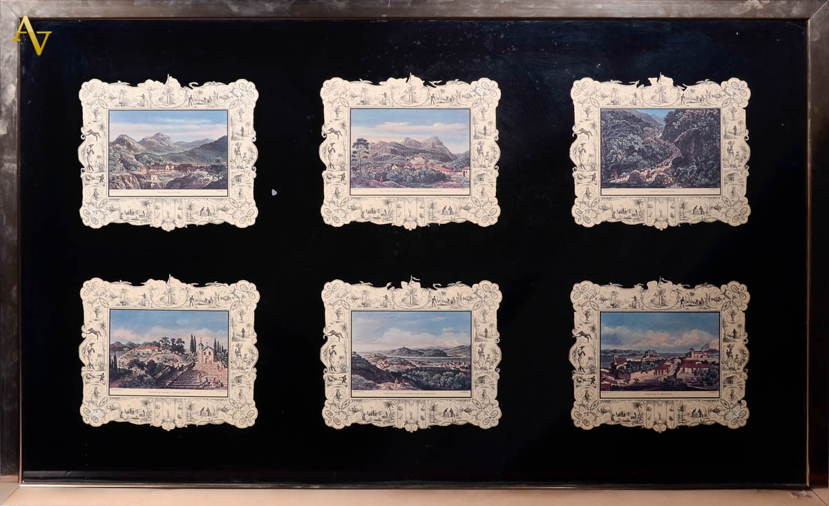 Quadro com seis reproduções do Rio Antigo, moldura ao redor de cada...