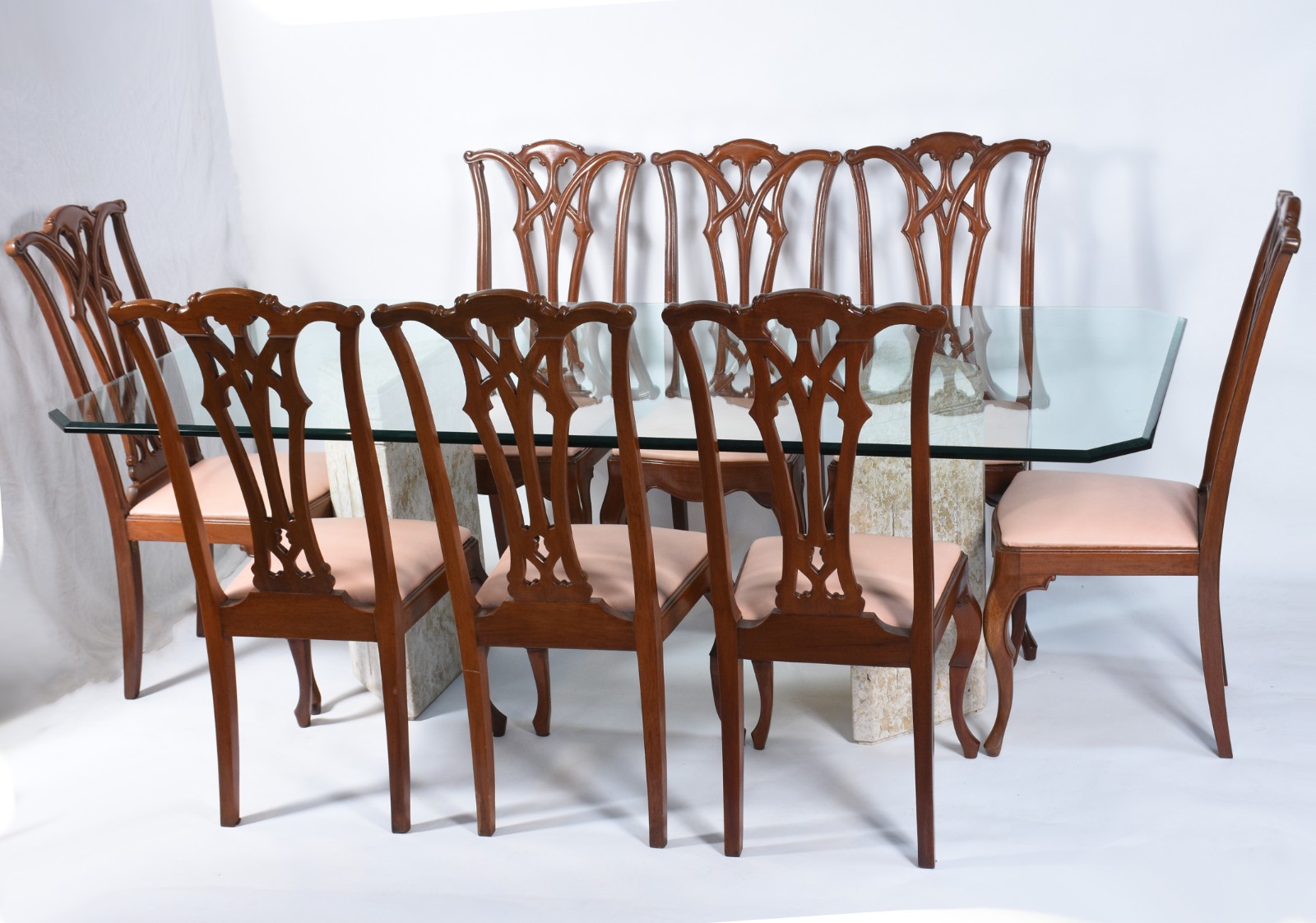 Mesa de jantar com 2 bases de mármore na forma triangular, tampo de... - foto 1 de 8