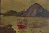 Levino Fânzeres (1884-1956), Marinha com Barco - Óleo sobre madeira.