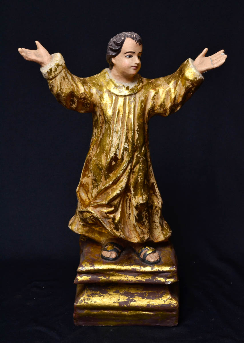MENINO JESUS - Antiga imagem de madeira policromada e dourada, olhos...